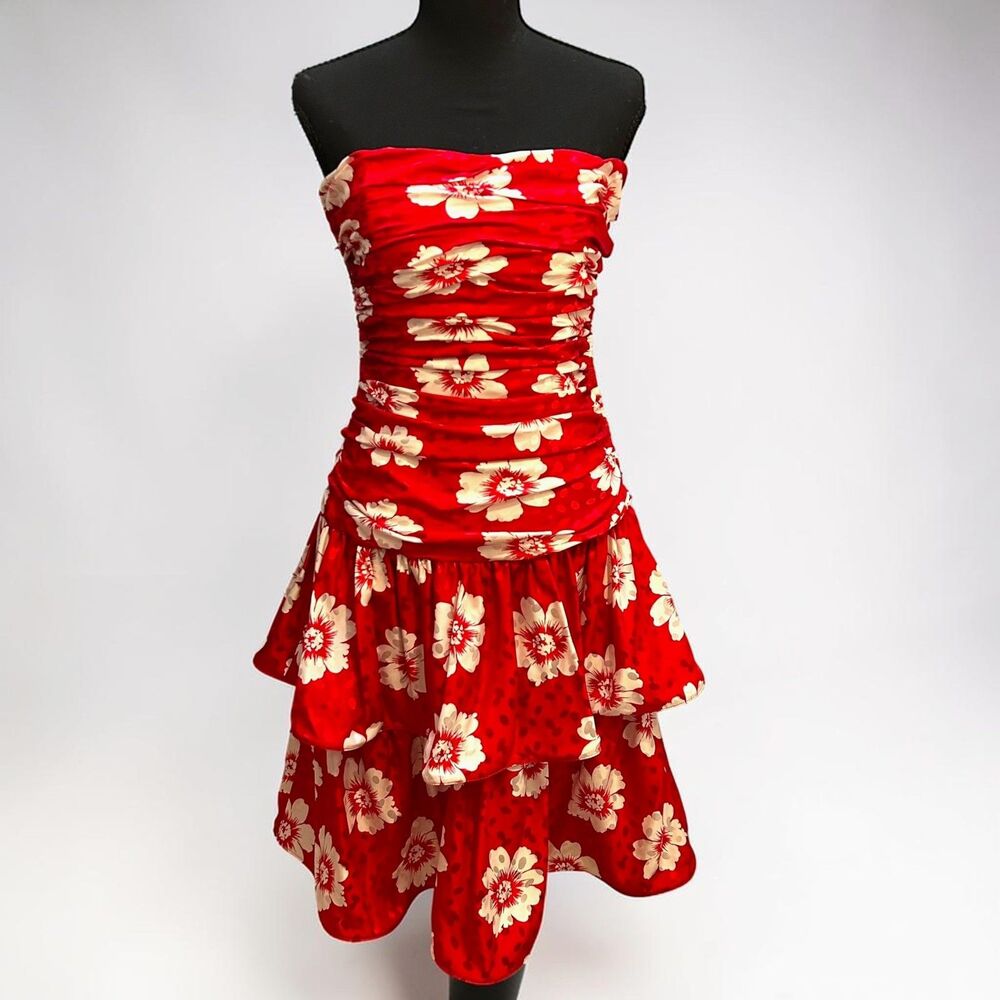 Vintage 1980s Strapless Party Dress Silk Tiered Red Flowers Maggie London Sz 12